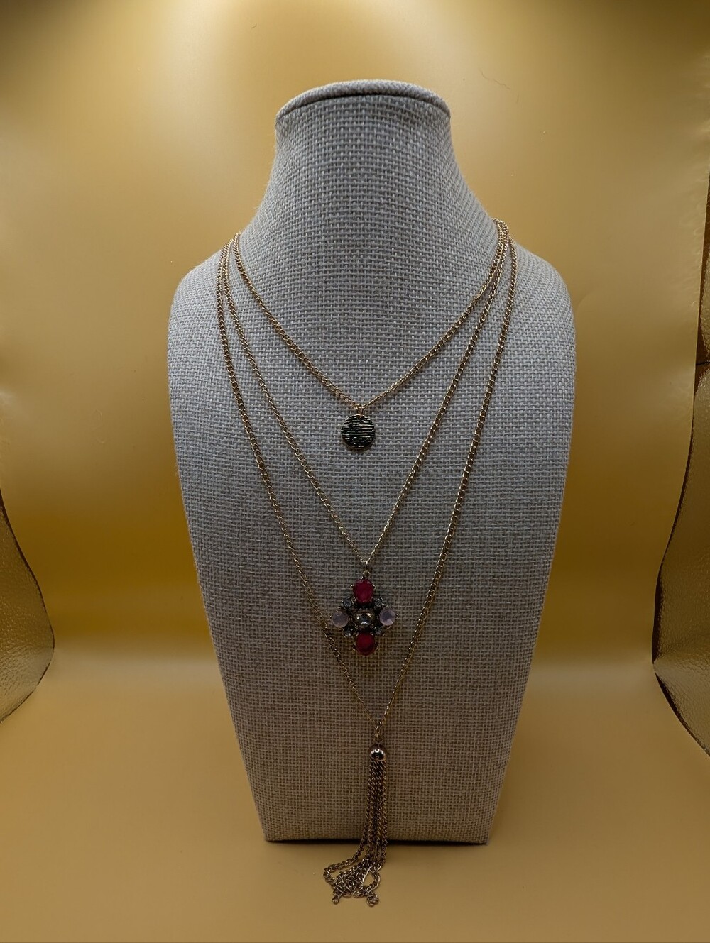 Layered Gold-Tone Multi Pendant Fashion Necklace with Pink Accents